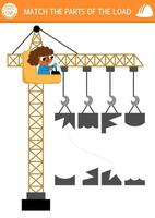 Construction site shadow and shape matching activity with lifting crane and operator. Building works puzzle. Find correct silhouette printable worksheet or game for kids. Match the parts of the load vector