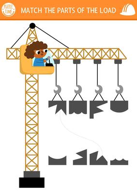 Construction site shadow and shape matching activity with lifting crane and operator. Building works puzzle. Find correct silhouette printable worksheet or game for kids. Match the parts of the load