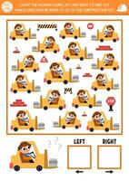 Construction site logic game with right and left concept for kids. I spy searching, counting activity with forklift car. Industrial vehicle printable space orientation worksheet for preschool children vector