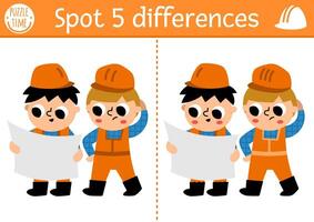 Find differences game for children. Construction site educational activity with boy engineers. Cute puzzle for kids with funny worker. Printable worksheet or page for logic and attention skills vector