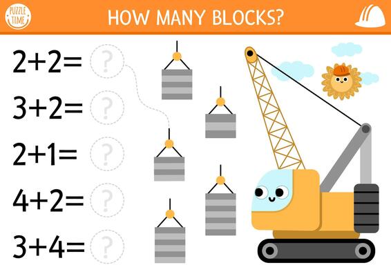 How many blocks game with cute crawler crane. Construction site math addition activity for children. Simple building works printable counting worksheet for kids with special car, vehicle, load