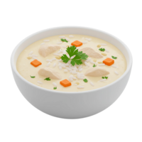 Comforting 3D Rendering of Creamy Chicken Soup with Rice and Vegetables png
