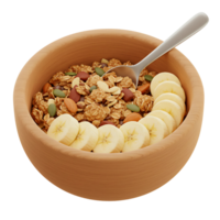 3D Rendering of Granola with Banana Slices in a Wooden Bowl png