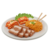 Delicious 3D Rendering of Korean Samgyeopsal Meal with Kimchi and Noodles png