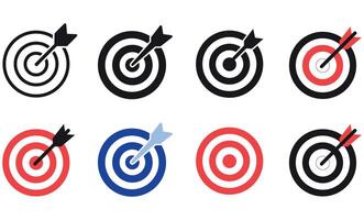 Target Icon Set, Bullseye, Goal, Mission, Aim, and Dart Hitting Center Graphic Collection. vector