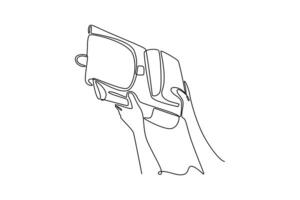 woman putting backpack on overhead locker. Travel locker concept. Single line draw design. graphic illustration vector