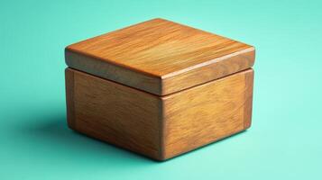 Elegant Simple Wooden Jewelry Box Resting on a Soft Pastel Teal Surface, Perfect for Presentation or Decorative Use in Interior Design Projects photo