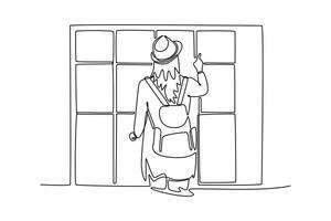 female backpacker uses safety locker pointing finger number of empty available place. Travel locker concept. Single line draw design. graphic illustration vector
