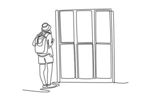 Woman traveler using the locker service. Travel locker concept. Single line draw design. graphic illustration vector