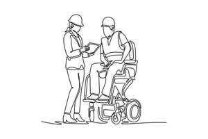 Female manager training a new employee with a disability for a job. Community focus concept. Single line draw design. graphic illustration vector