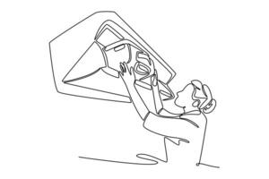 Woman flight attendant or air hostess placing travel bag in overhead baggage locker. Travel locker concept. Single line draw design. graphic illustration vector