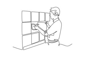 businessman traveler putting files in locker. Travel locker concept. Single line draw design. graphic illustration vector