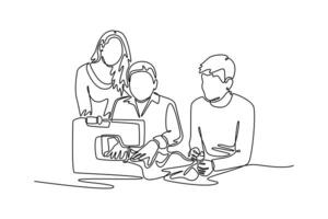 They are teaching each other of sewing skills. Neighbor sharing concept. Single line draw design. graphic illustration vector