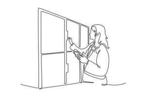 traveller woman with smart phone opens or closes a numbered storage box. Travel locker concept. Single line draw design. graphic illustration vector
