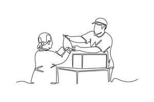 man volunteer give some food in paper bag to poor people. Community focus concept. Single line draw design. graphic illustration vector
