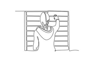 Woman picking up a package from a smart electronic steel parcel locker box. Travel locker concept. Single line draw design. graphic illustration vector