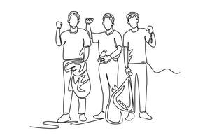 volunteers with garbage bags are standing in the public park. Community focus concept. Single line draw design. graphic illustration vector