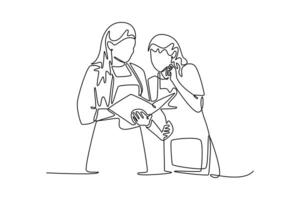Share favorite recipes and cook together. Neighbor sharing concept. Single line draw design. graphic illustration vector