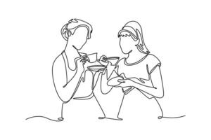 enjoying molding clay in the workshop together. sharing skill. Neighbor sharing concept. Single line draw design. graphic illustration vector