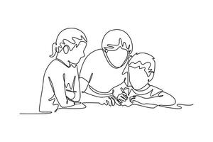 helping children with homework. Neighbor sharing concept. Single line draw design. graphic illustration vector