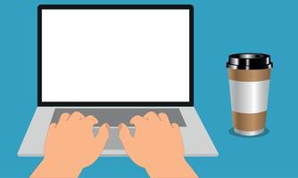 Hands typing on a laptop keyboard, blogger or journalist at computer concept, business person with laptop and take out coffee cup, School or college graphic vector