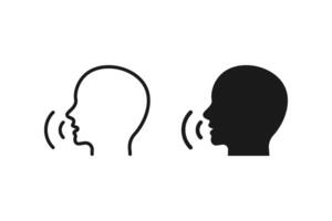 Voice control icon set. Human head with sound waves, representing communication and speaking vector