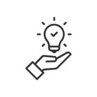 Solution or idea icon. Hand holding light bulb with check mark. Perfect for concepts related to innovation, problem-solving, success, and positive outcomes vector