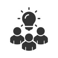 Group of people brainstorming together, with a light bulb shining above them symbolizing a bright idea. Concept for teamwork, innovation, and problem-solving vector