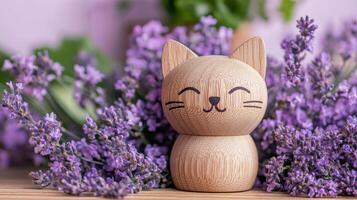 Charming Simple Wooden Cat Face on a Soft Pastel Lavender Background Perfect for Home Decor and Pet Lovers photo