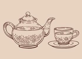 Tea set with glass teapot and cup, chamomile. Hand drawn illustration in outline style. vector