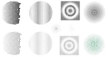 Realistic multiple halftones set on geometric background with dotted patterns, gradient textures, and circular dotted effects. Trendy graphic art and creative designs. abstract grainy texture. vector