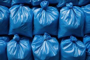 Organized Blue Garbage Bags Prepared for Waste Disposal in a Neat Arrangement photo