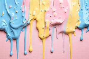 Vivid Blue, Yellow, and Pink Paint Dripping Down Canvas Creating a Colorful Abstract Artwork for Artistic Projects photo