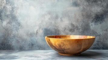 Simple Wooden Salad Bowl Displayed on a Solid Gray Background, Perfect for Restaurant Menus, Cooking Blogs, and Food Photography Projects photo