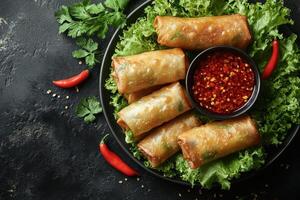 Crispy Spring Rolls Served on a Plate Perfect for Appetizers and Party Snacks photo