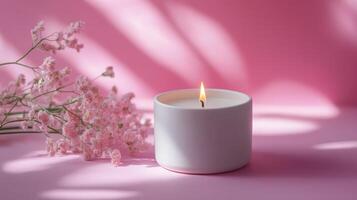 Elegant Simple White Ceramic Candle on a Pastel Pink Background for Home Decor and Relaxation Promotion photo