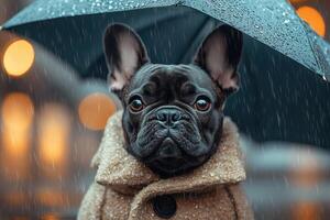 Adorable French Bulldog Enjoying a Rainy Day with a Cute Expression for Pet Lovers photo