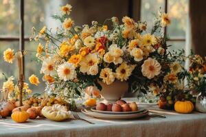 Beautifully Arranged Autumn Flowers and Fruits, Perfect for Seasonal Decor and Celebrations photo