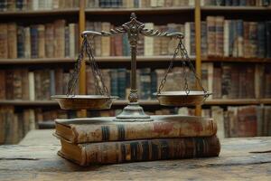 Balance Scale on Books in a Library Symbolizing Knowledge and Fairness in Education photo