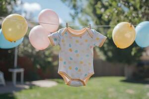 Charming Baby Onesie Hanging on a Clothesline Outdoors in a Sunny Environment Perfect for Family and Parenting Content photo