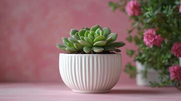 Simple White Ceramic Planter on a Pastel Pink Background Ideal for Interior Decor and Plant Display photo