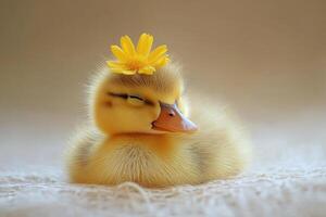 Adorable Baby Duckling Nestled Among Yellow Flower for Nature-Themed Projects photo
