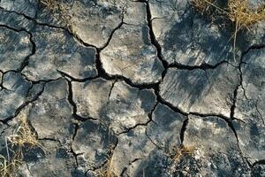 Stunning View of Cracked Earth with Dry Grass in the Foreground Ideal for Environmental Awareness Campaigns and Educational Purposes photo