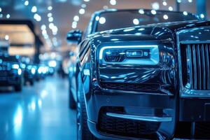 Showcasing a Sleek New Car in an Automotive Dealership Setting for Marketing and Promotion photo