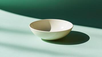 Elegant Simple White Ceramic Dish Perfectly Set on a Plain Green Background for Food Displays and Culinary Presentations photo