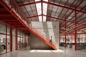 A modern industrial office space with a striking red steel frame structure, glass partition walls, and an open-plan layout. photo