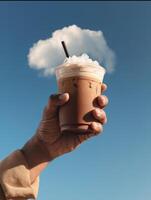 A surreal and playful composition featuring a hand holding an iced coffee in a transparent plastic cup with foam and a straw, aligned perfectly against a clear blue sky with a fluffy white cloud photo