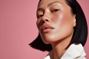 A close-up studio beauty portrait of a woman with smooth, glowing skin and natural makeup. photo