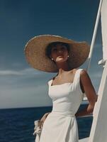A sophisticated woman poses by the sea, wearing an elegant white dress with a square neckline and a wide-brimmed straw hat. photo