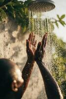 Close-up of a person standing under an outdoor rainfall shower with both hands raised, catching the falling water. photo